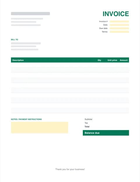 Basic Invoice Template: blank Excel invoice template preview with qty and unit price columns