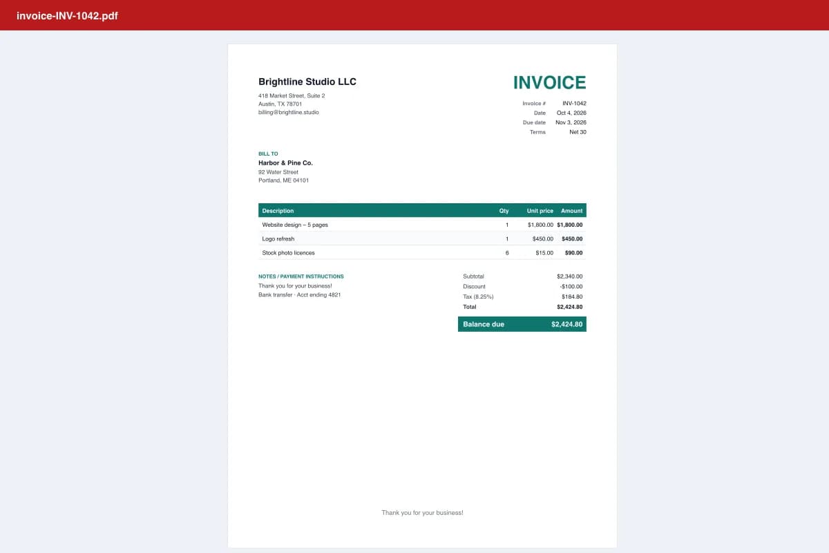 PDF invoice template example with itemized services, sales tax, total and balance due, ready to print or email