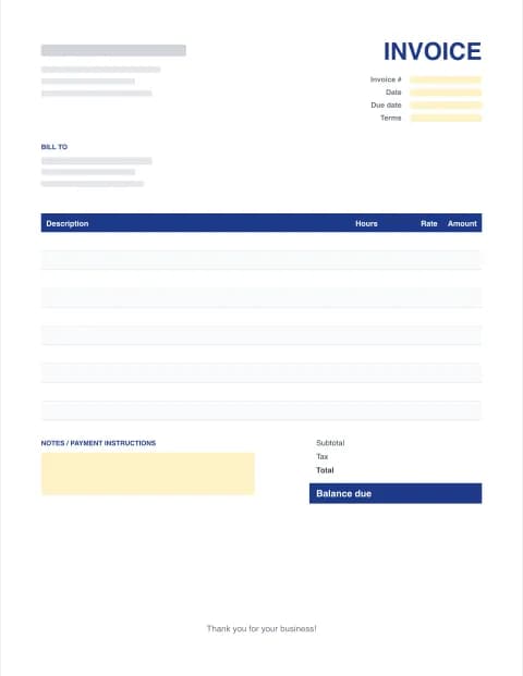 Service / Hourly Invoice Template: blank Excel invoice template preview with hours and rate columns