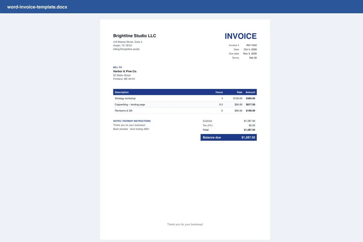 Word invoice template example in .docx format with business header, bill-to block, item table and balance due